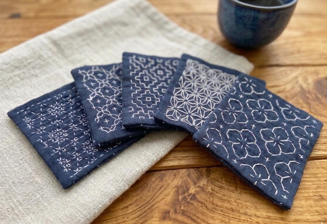 Sashiko Sampler & Coaster Kit, 6 Hitomezashi Patterns, Stick Stitch, Japanese One-Stitch Embroidery Starter Set, Daruma Thread