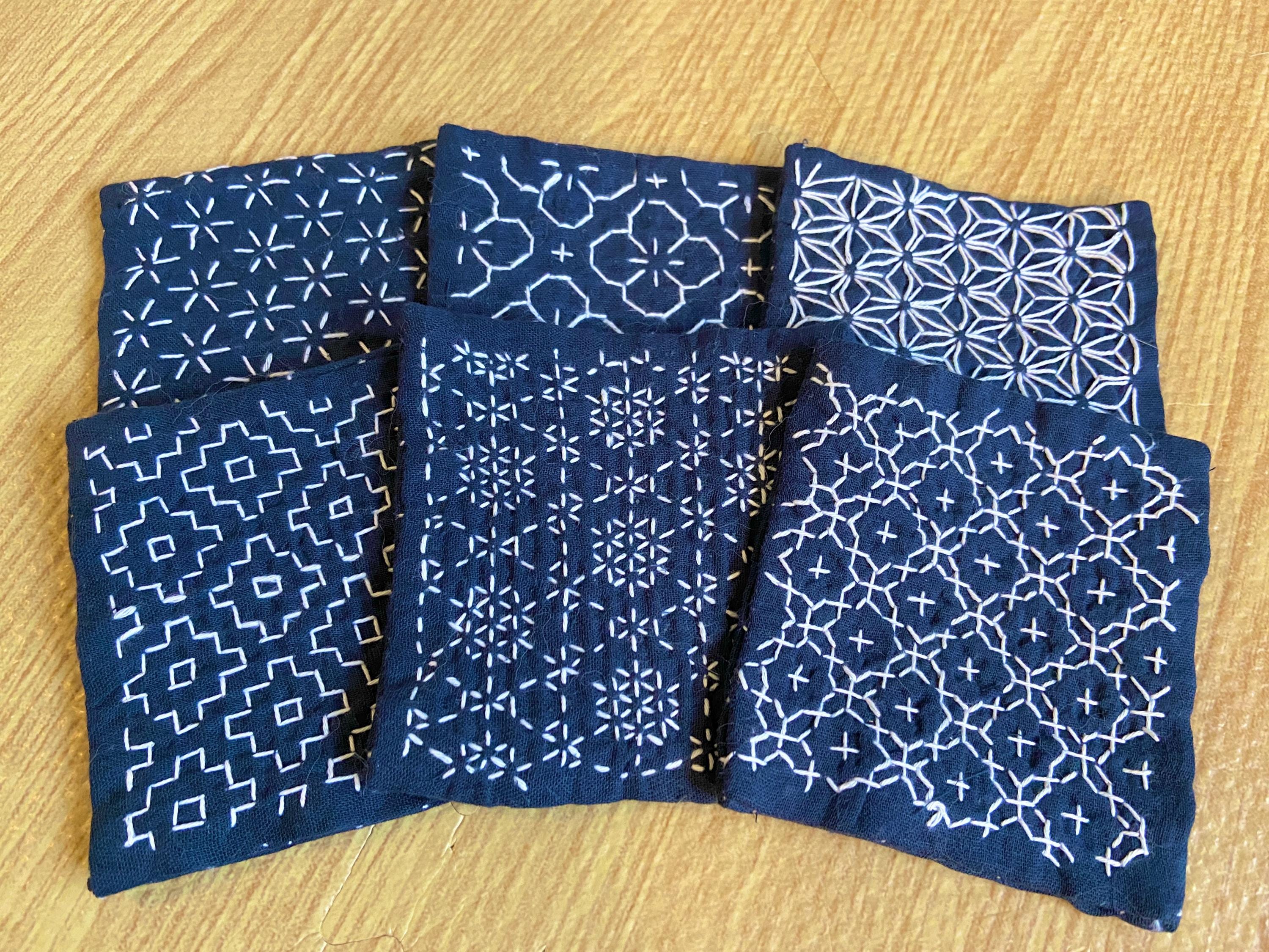 Sashiko Sampler & Coaster Kit, 6 Hitomezashi Patterns, Stick Stitch, Japanese One-Stitch Embroidery Starter Set, Daruma Thread