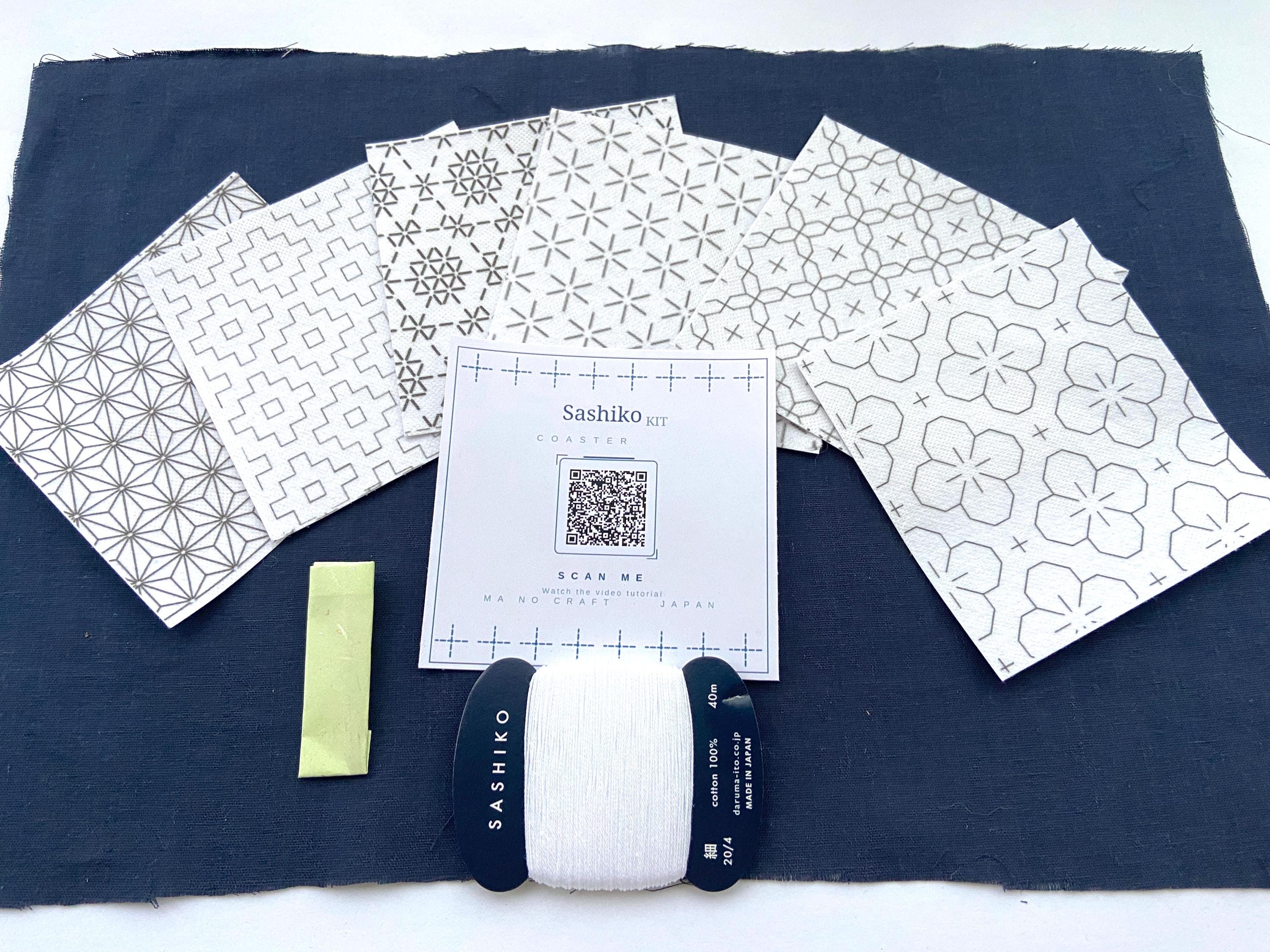 Sashiko Sampler & Coaster Kit, 6 Hitomezashi Patterns, Stick Stitch, Japanese One-Stitch Embroidery Starter Set, Daruma Thread