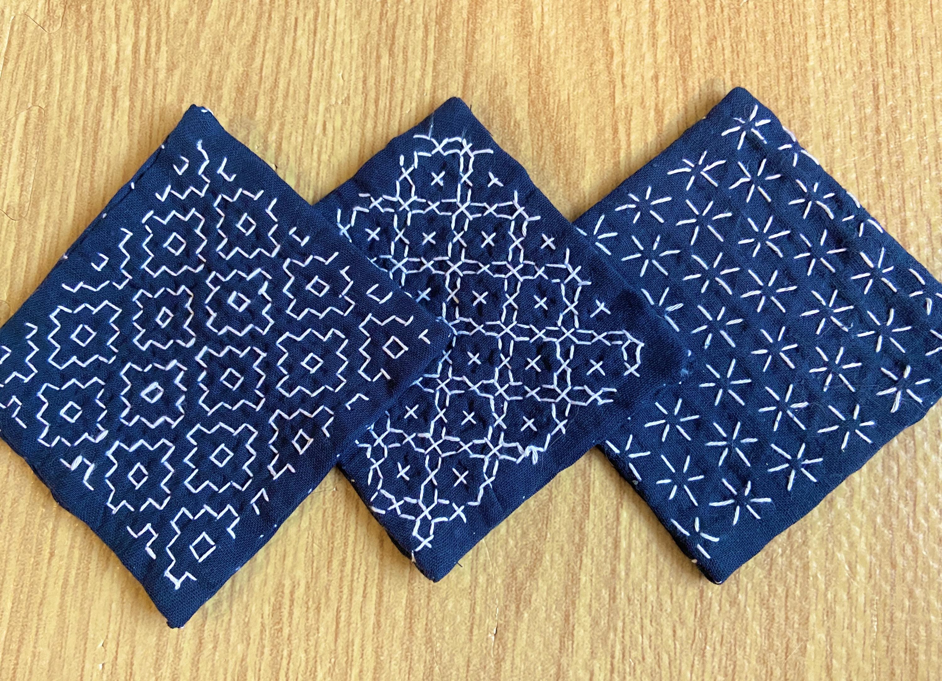 Sashiko Sampler & Coaster Kit, 6 Hitomezashi Patterns, Stick Stitch, Japanese One-Stitch Embroidery Starter Set, Daruma Thread