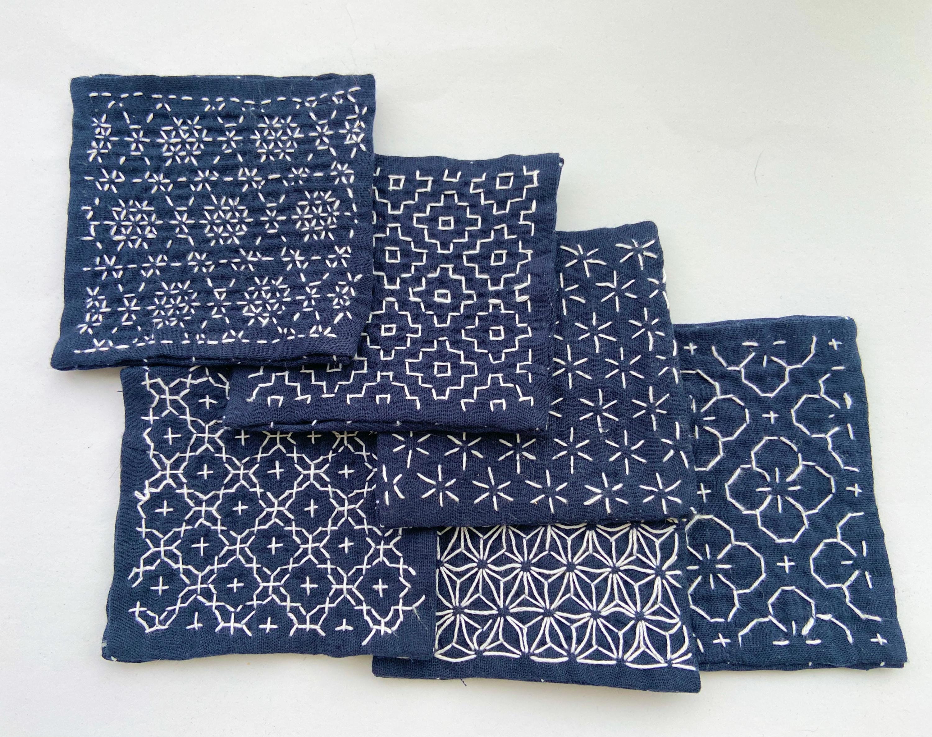 Sashiko Sampler & Coaster Kit, 6 Hitomezashi Patterns, Stick Stitch, Japanese One-Stitch Embroidery Starter Set, Daruma Thread