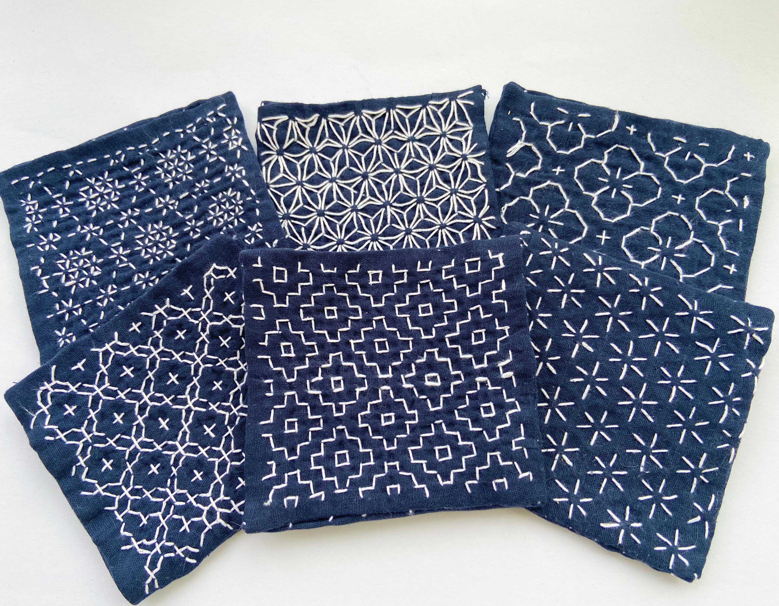 Sashiko Sampler & Coaster Kit, 6 Hitomezashi Patterns, Stick Stitch, Japanese One-Stitch Embroidery Starter Set, Daruma Thread