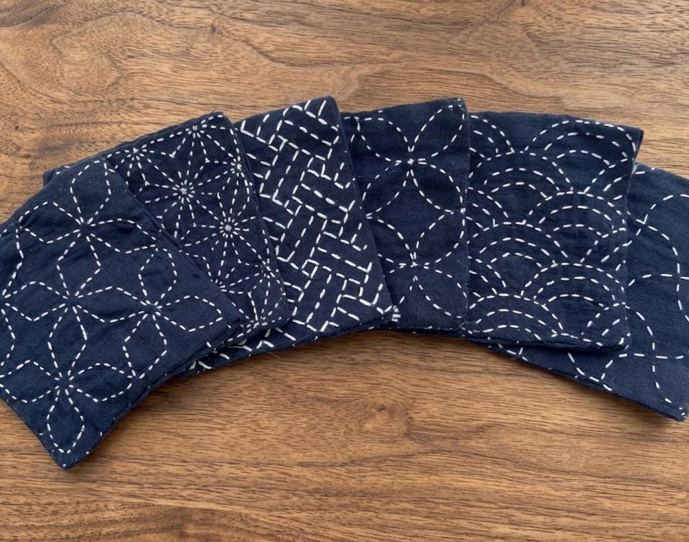 Sashiko Coaster Kit | 6 Traditional Japanese Patterns | Stick & Stitch Pre-printed Fabric | Daruma Thread Needle | Beginner Friendly