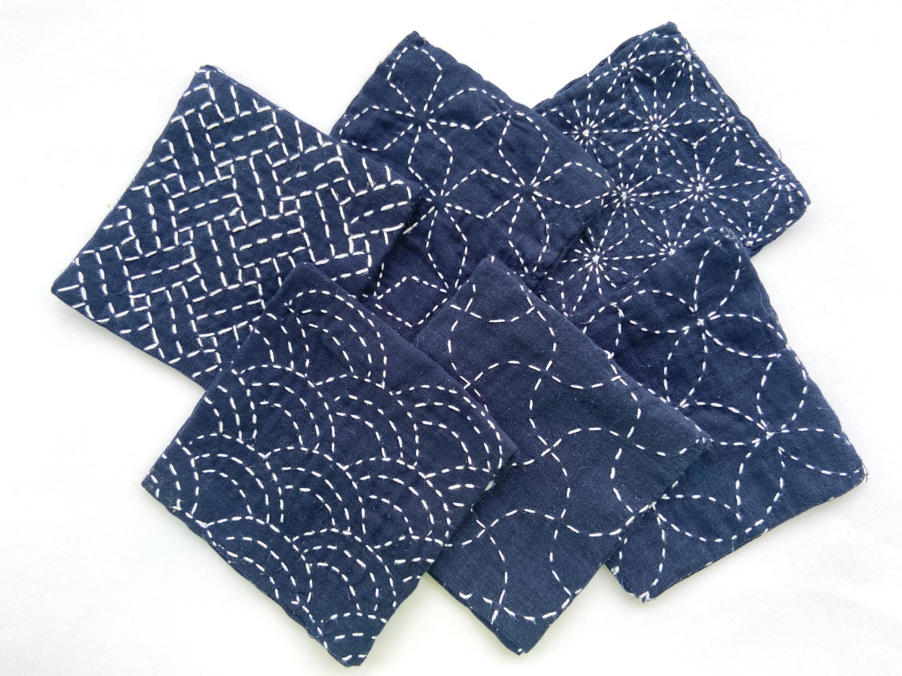 Sashiko Coaster Kit | 6 Traditional Japanese Patterns | Stick & Stitch Pre-printed Fabric | Daruma Thread Needle | Beginner Friendly