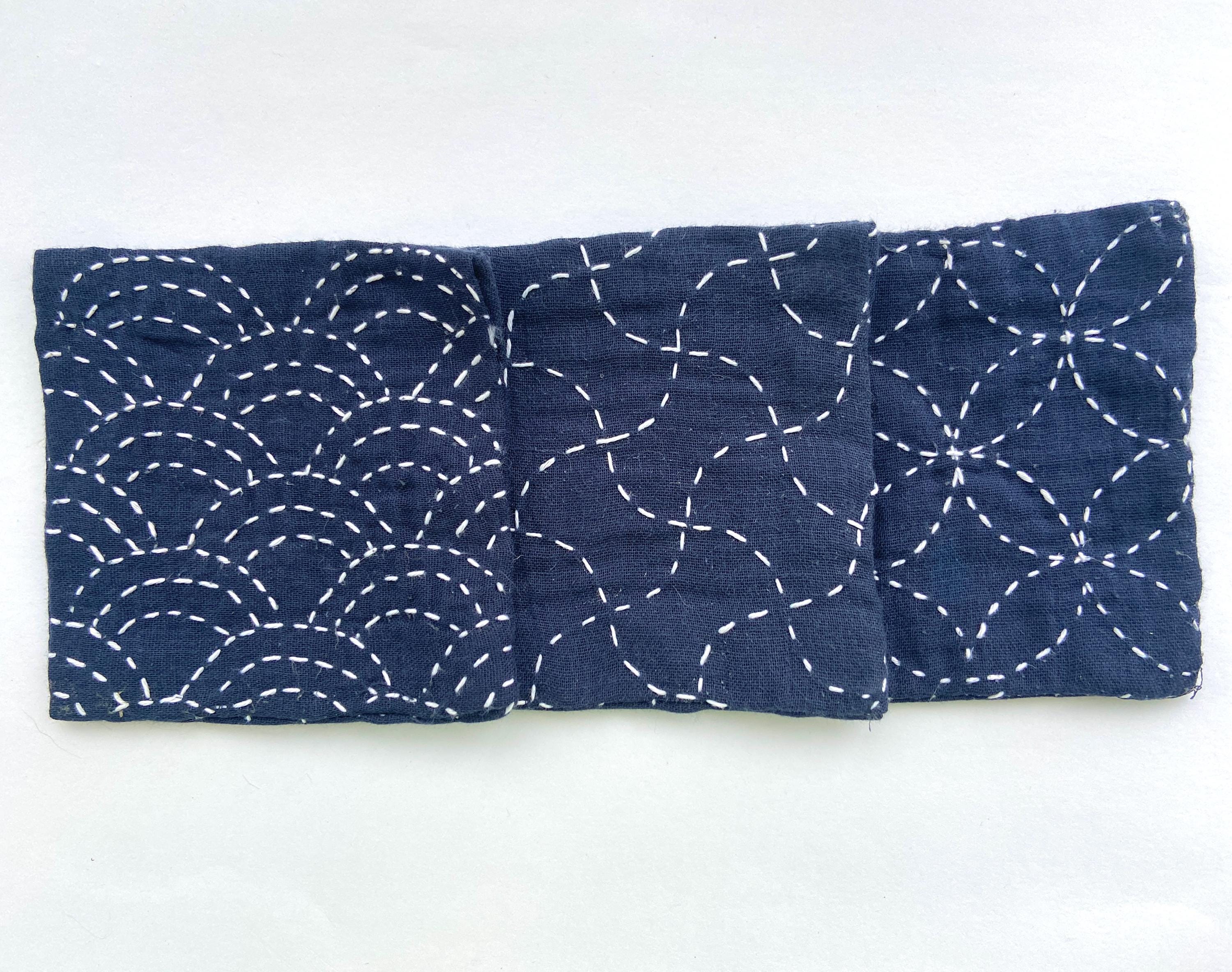 Sashiko Coaster Kit | 6 Traditional Japanese Patterns | Stick & Stitch Pre-printed Fabric | Daruma Thread Needle | Beginner Friendly
