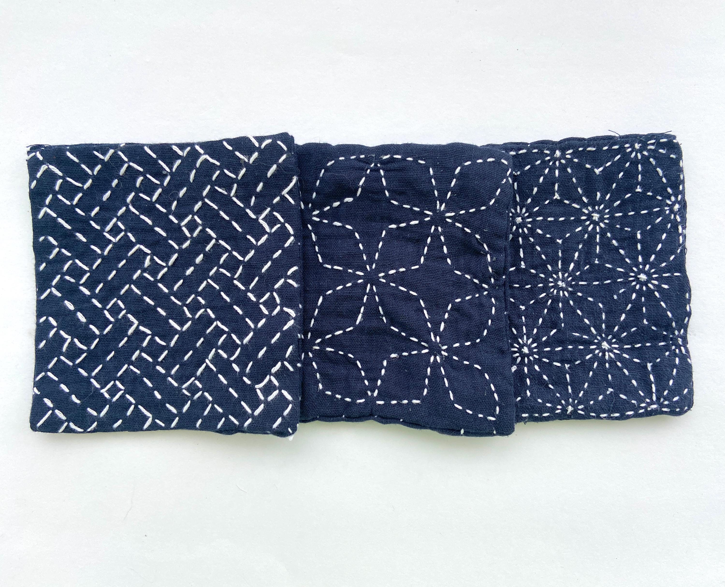 Sashiko Coaster Kit | 6 Traditional Japanese Patterns | Stick & Stitch Pre-printed Fabric | Daruma Thread Needle | Beginner Friendly