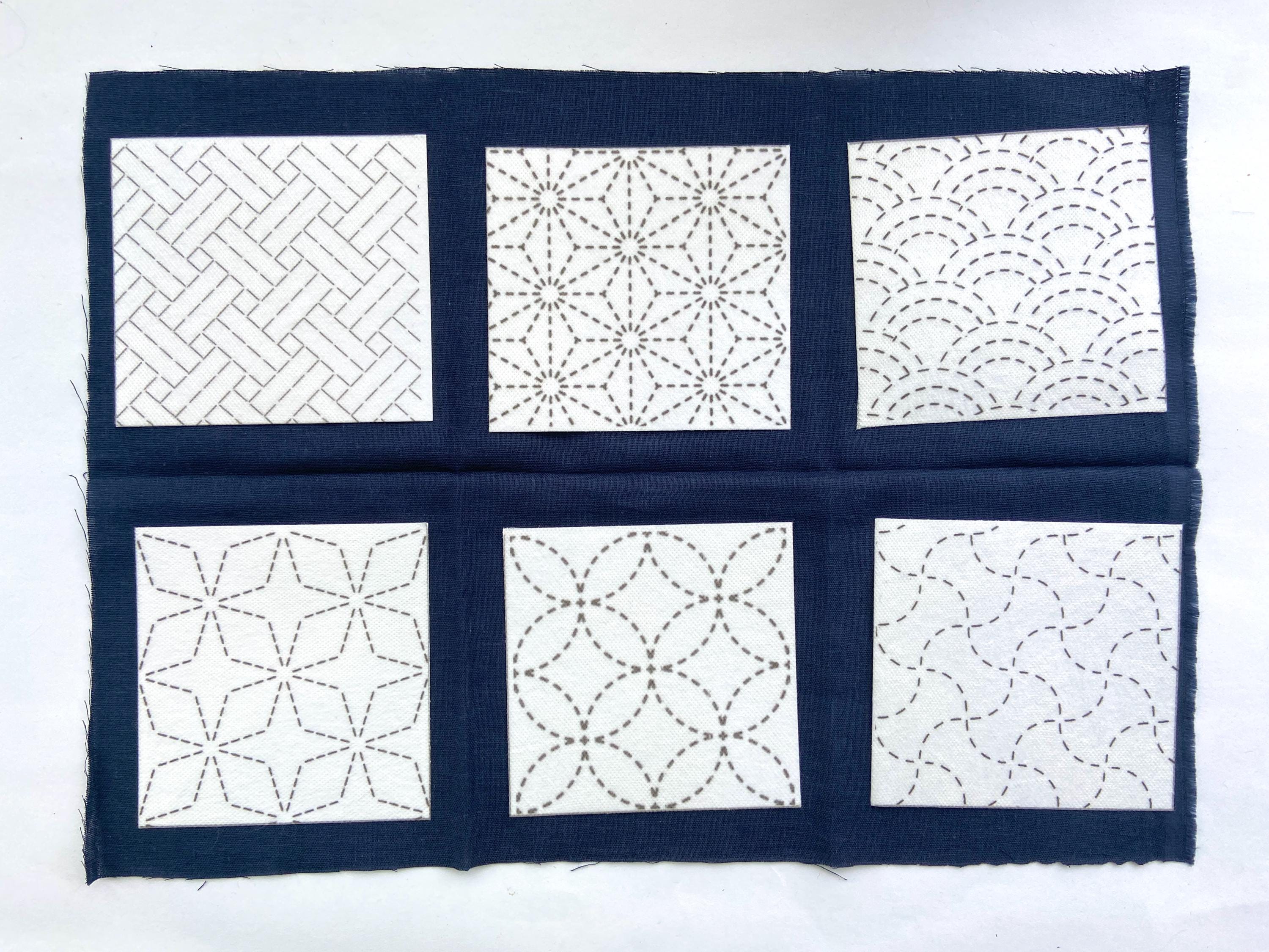 Sashiko Coaster Kit | 6 Traditional Japanese Patterns | Stick & Stitch Pre-printed Fabric | Daruma Thread Needle | Beginner Friendly