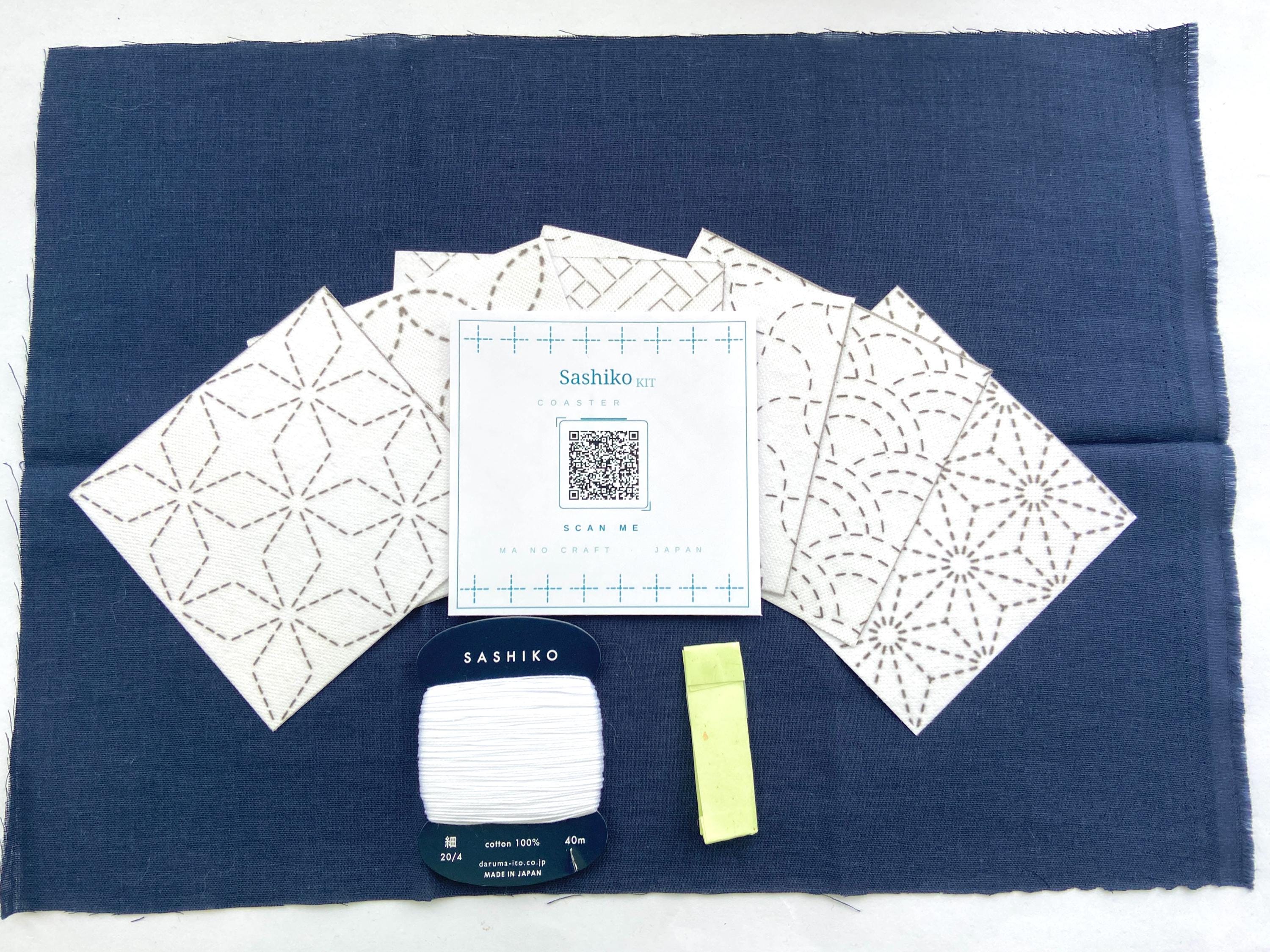 Sashiko Coaster Kit | 6 Traditional Japanese Patterns | Stick & Stitch Pre-printed Fabric | Daruma Thread Needle | Beginner Friendly