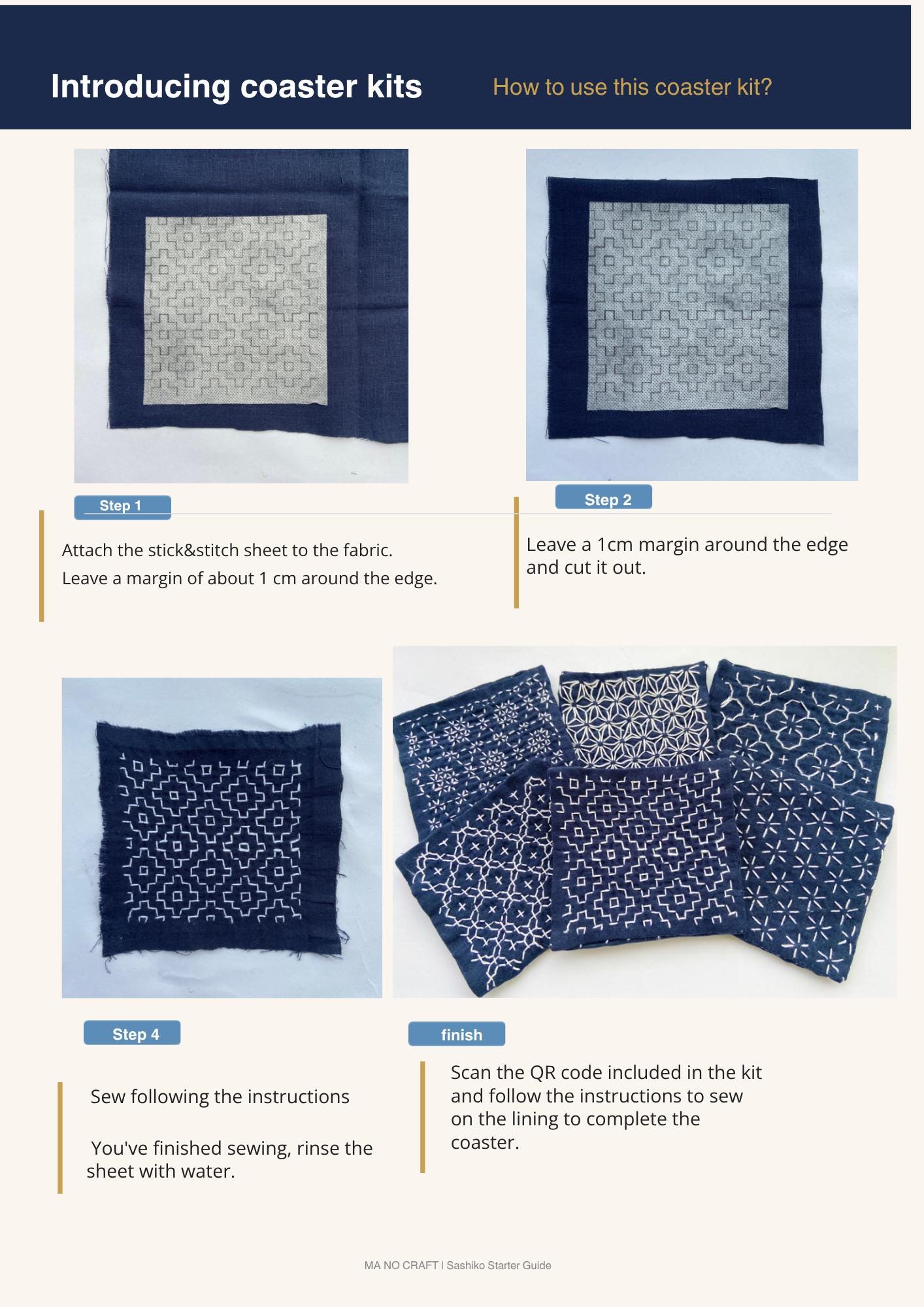 Sashiko Coaster Kit | 6 Traditional Japanese Patterns | Stick & Stitch Pre-printed Fabric | Daruma Thread Needle | Beginner Friendly