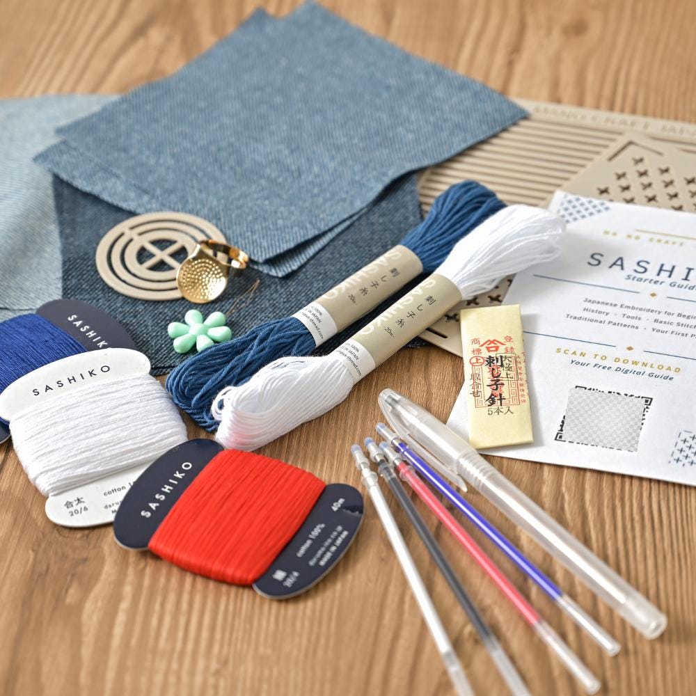 Sashiko Kit for Beginners, Complete Japanese Embroidery Starter Set, Stencils Needles Thread Denim Fabric, Made in Japan