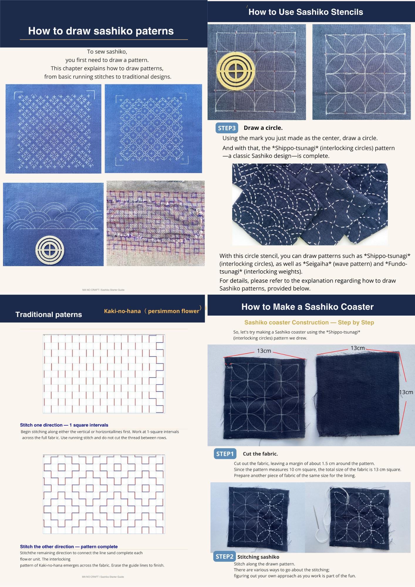 Sashiko Kit for Beginners, Complete Japanese Embroidery Starter Set, Stencils Needles Thread Denim Fabric, Made in Japan