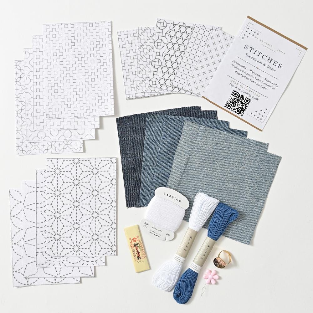 Sashiko Embroidery Starter Kit | Choose Your 3 Patterns | Misuya Needles, Daruma Thread, Denim &Stitches Guide