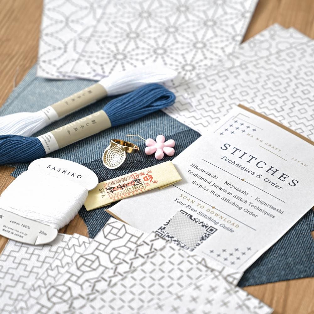 Sashiko Embroidery Starter Kit | Choose Your 3 Patterns | Misuya Needles, Daruma Thread, Denim &Stitches Guide