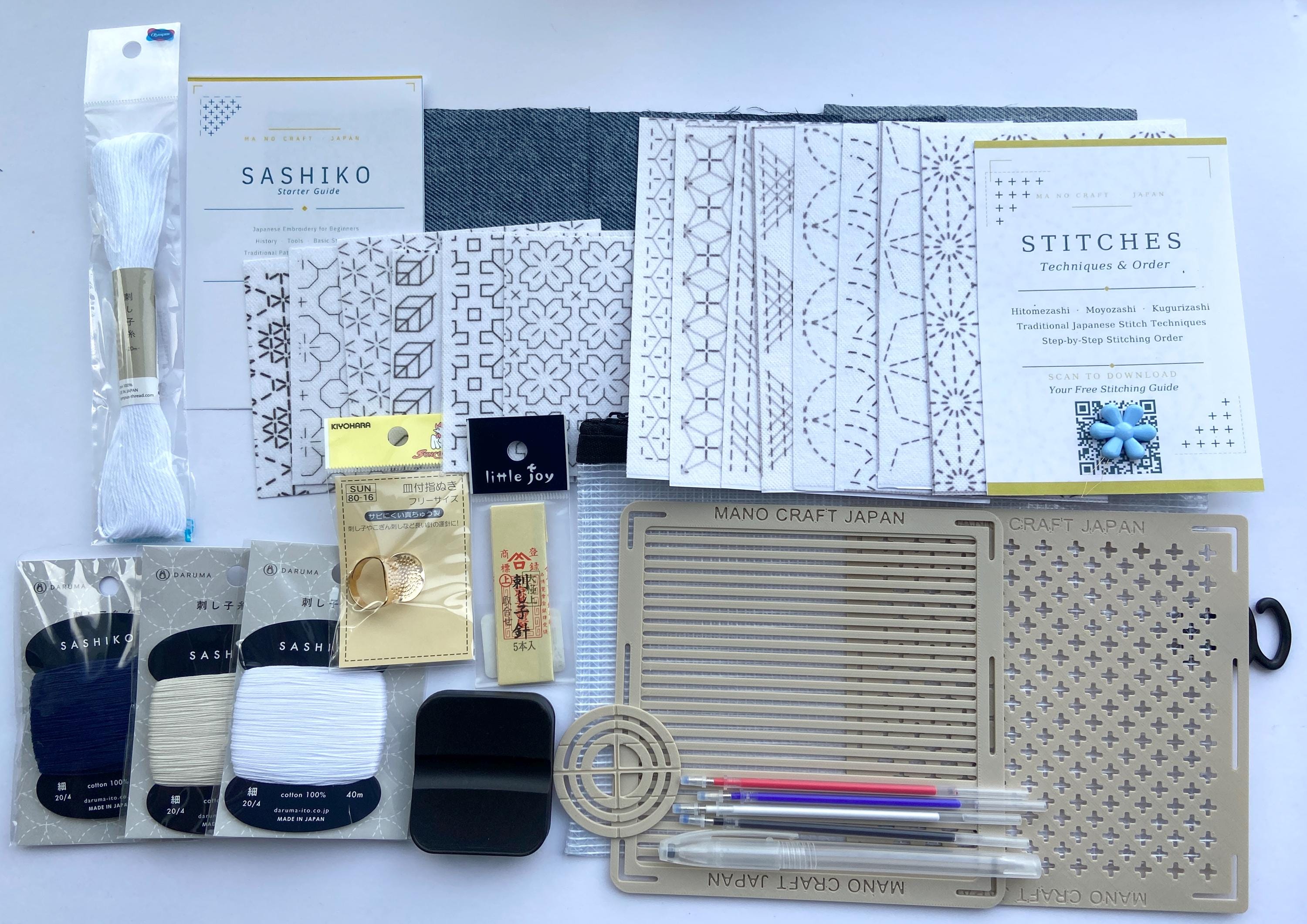 Sashiko Embroidery Starter Kit | Choose Your 3 Patterns | Misuya Needles, Daruma Thread, Reusable Stencils, Denim & Guidebooks Made in Japan