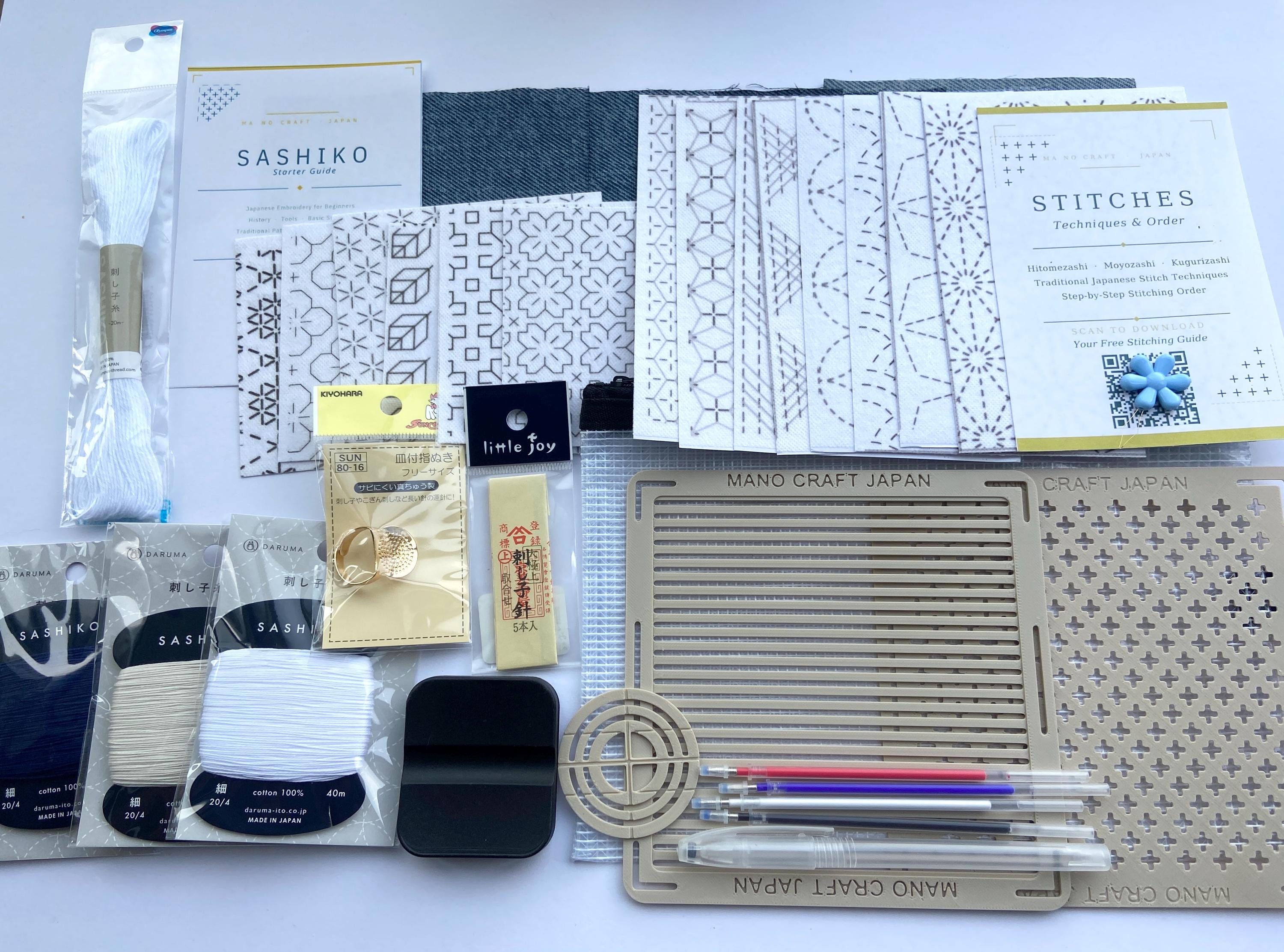 Sashiko Embroidery Starter Kit | Choose Your 3 Patterns | Misuya Needles, Daruma Thread, Reusable Stencils, Denim & Guidebooks Made in Japan