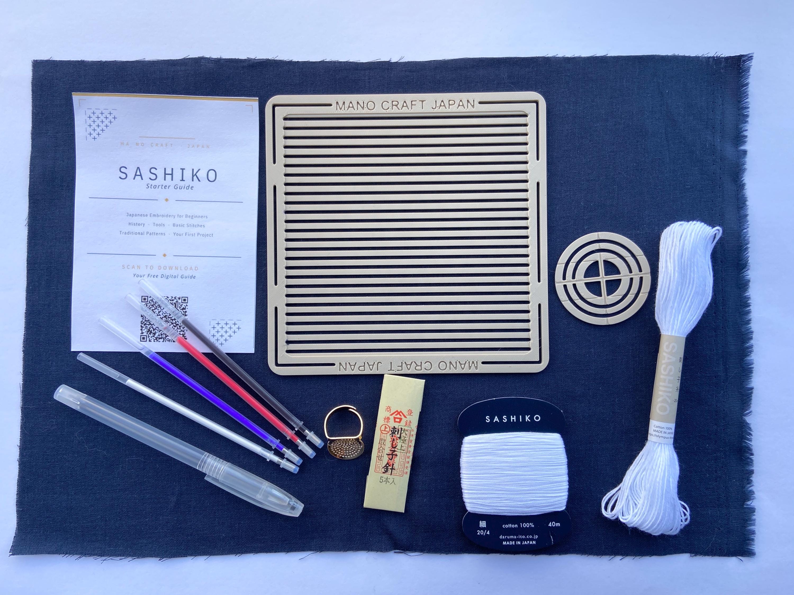 Sashiko Starter Kit for Beginners | Grid & Pattern Stencils, Daruma Thread, Needles, Indigo Fabric, Eco PLA Tools + Guide