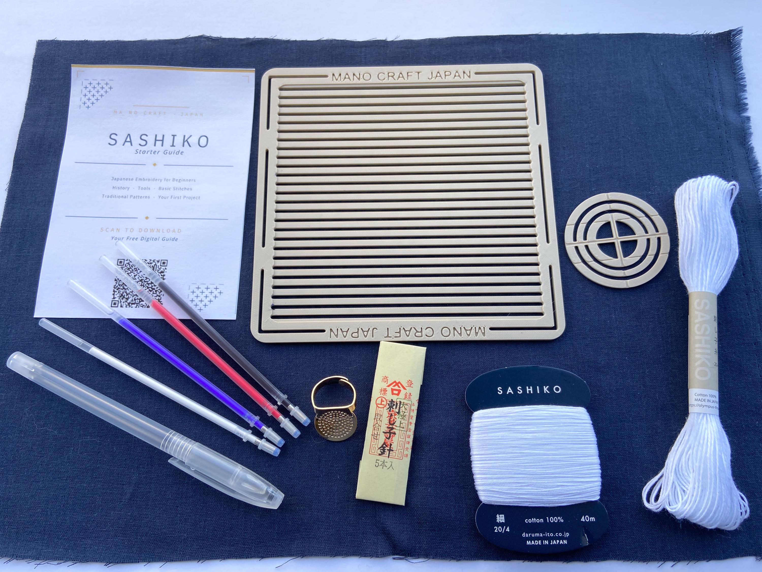 Sashiko Starter Kit for Beginners | Grid & Pattern Stencils, Daruma Thread, Needles, Indigo Fabric, Eco PLA Tools + Guide