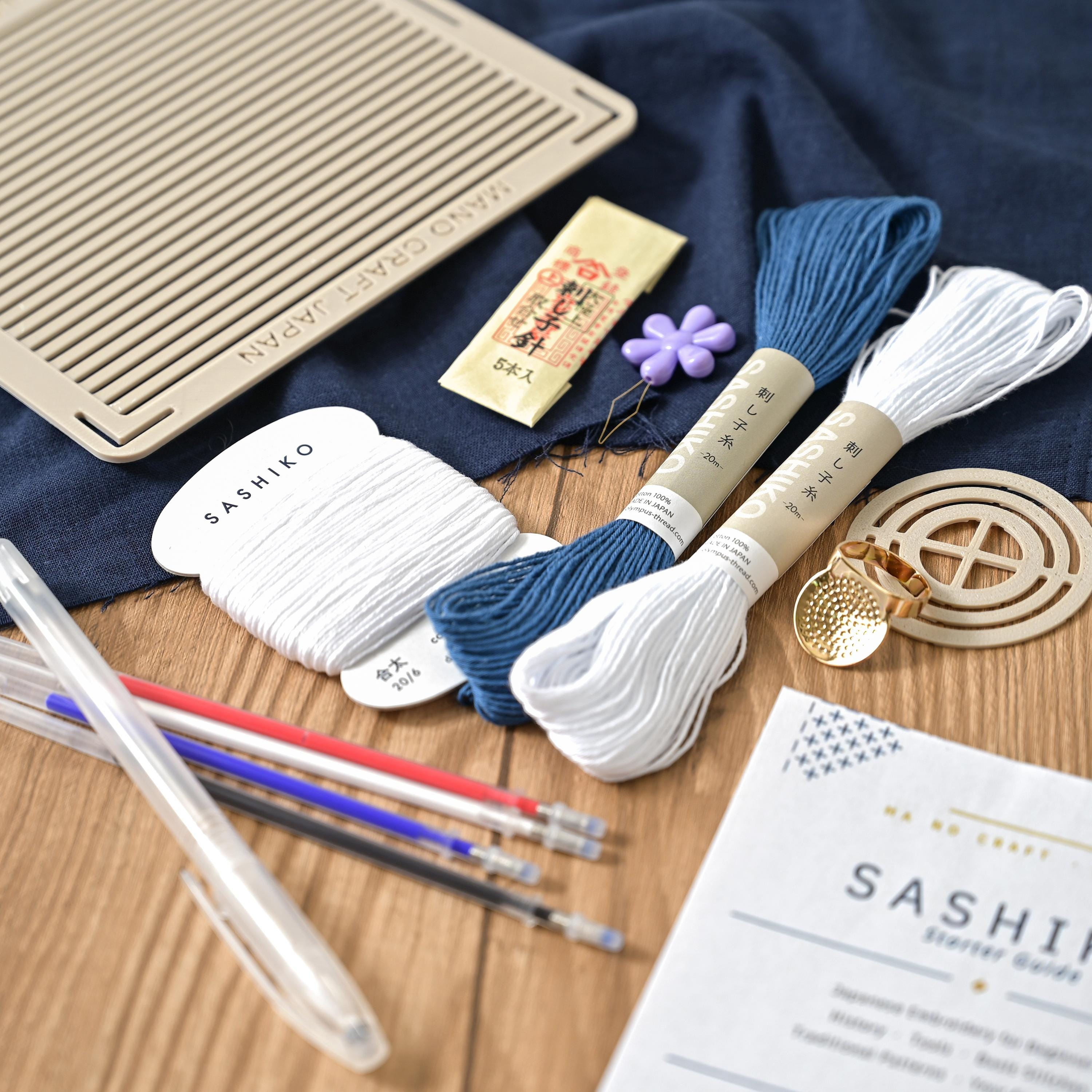 Sashiko Starter Kit for Beginners | Grid & Pattern Stencils, Daruma Thread, Needles, Indigo Fabric, Eco PLA Tools + Guide
