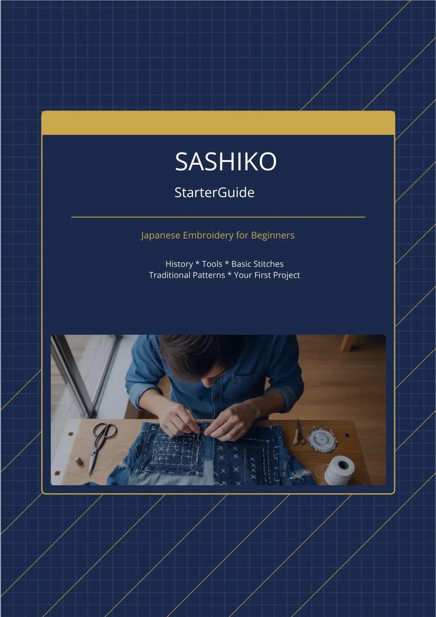 Sashiko Starter Kit for Beginners | Grid & Pattern Stencils, Daruma Thread, Needles, Indigo Fabric, Eco PLA Tools + Guide