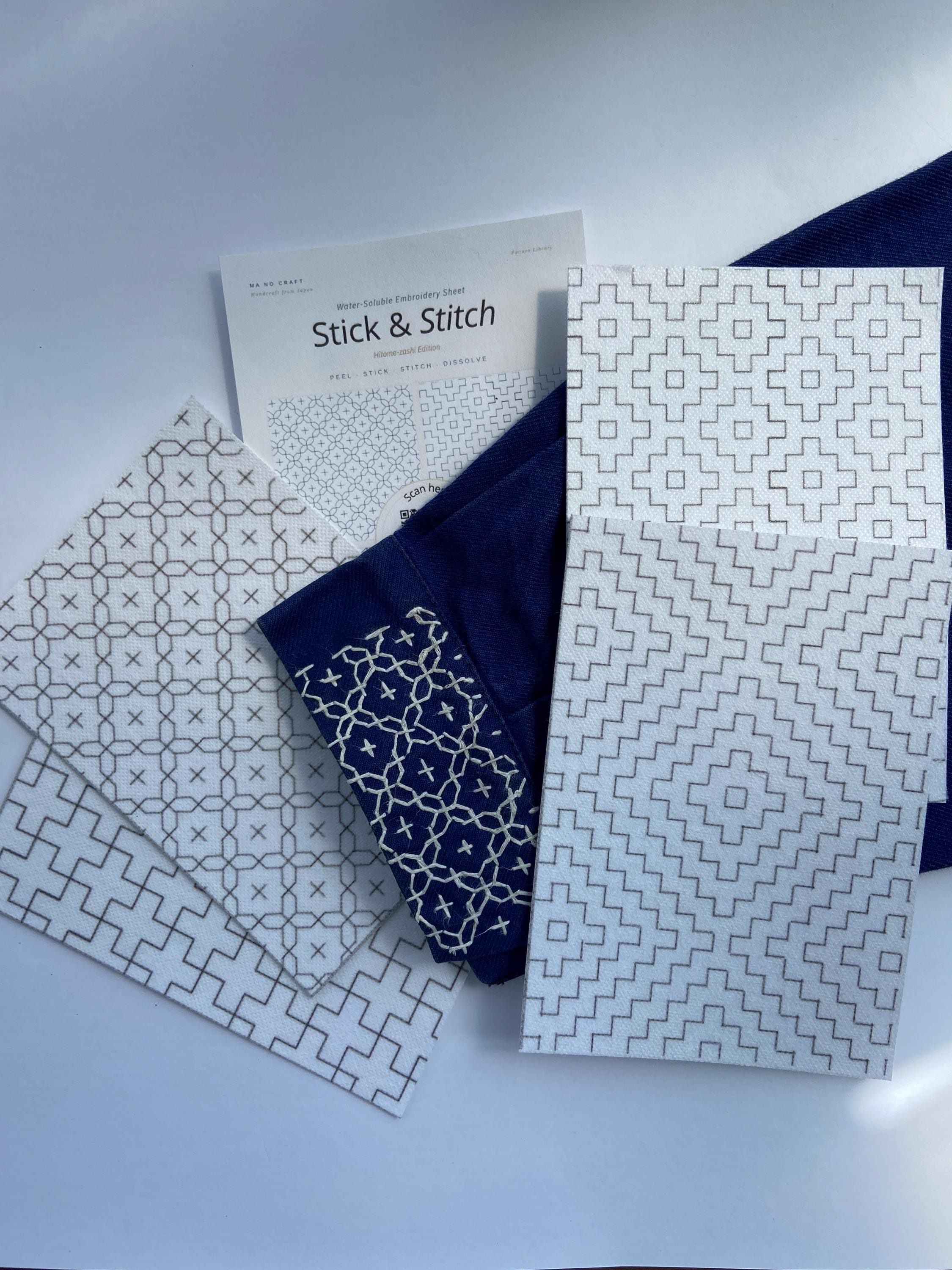 Stick and Stitch Sashiko Pattern Sheets - Hitomezashi Designs for Denim Repair, Visible Mending Embroidery, Wash Away Sashiko Patches A4