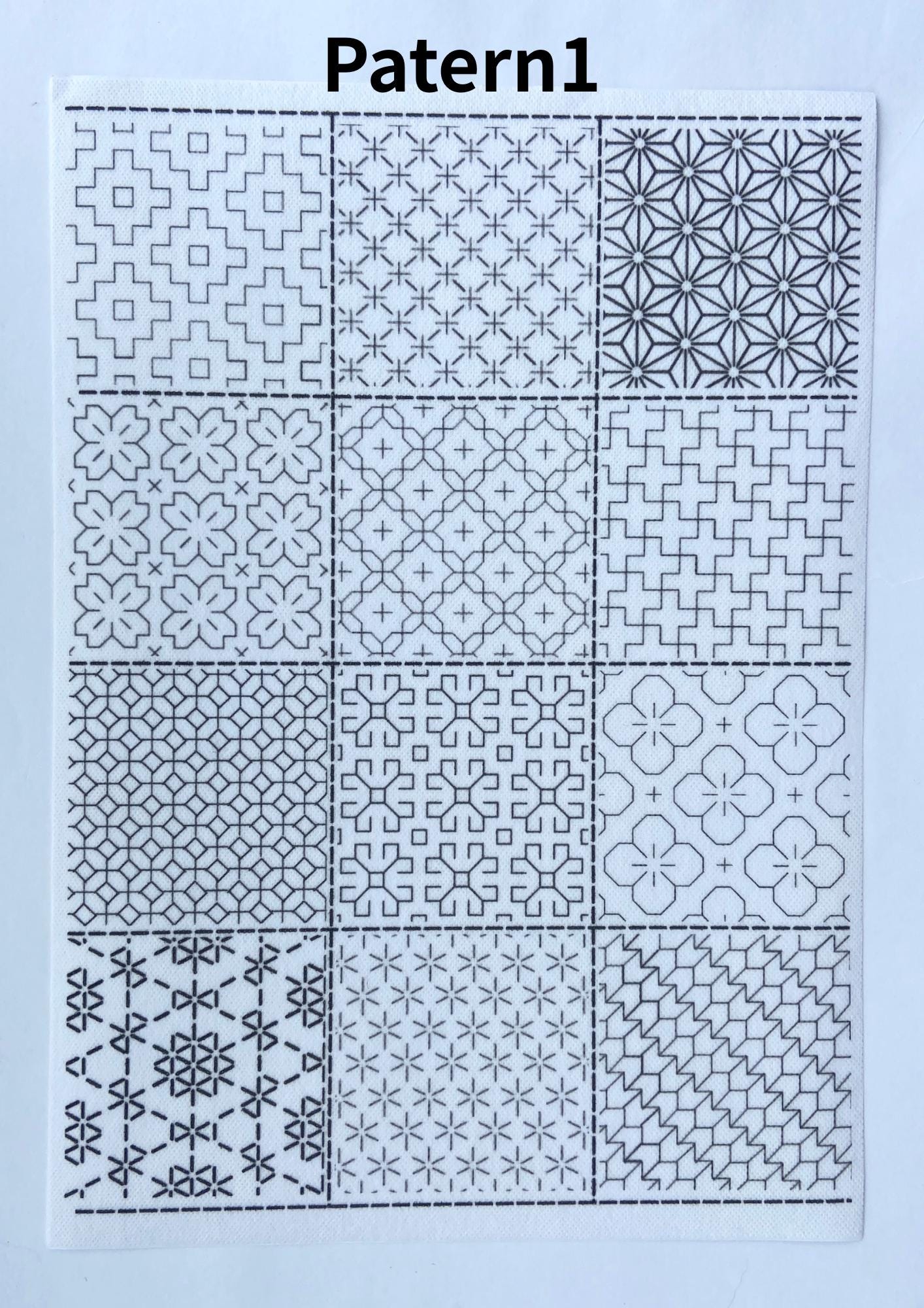 Stick and Stitch Sashiko Pattern Sheets - Hitomezashi Designs for Denim Repair, Visible Mending Embroidery, Wash Away Sashiko Patches A4