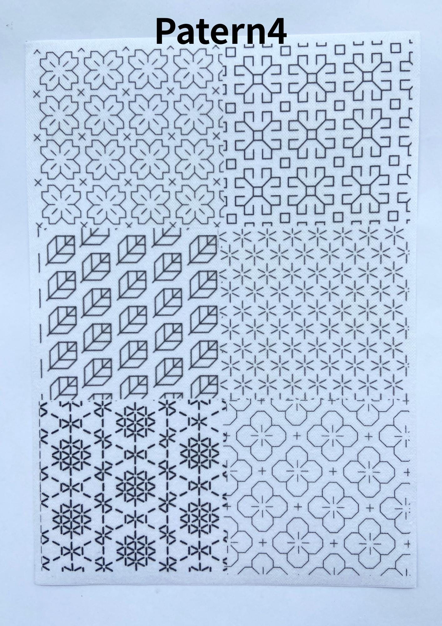 Stick and Stitch Sashiko Pattern Sheets - Hitomezashi Designs for Denim Repair, Visible Mending Embroidery, Wash Away Sashiko Patches A4