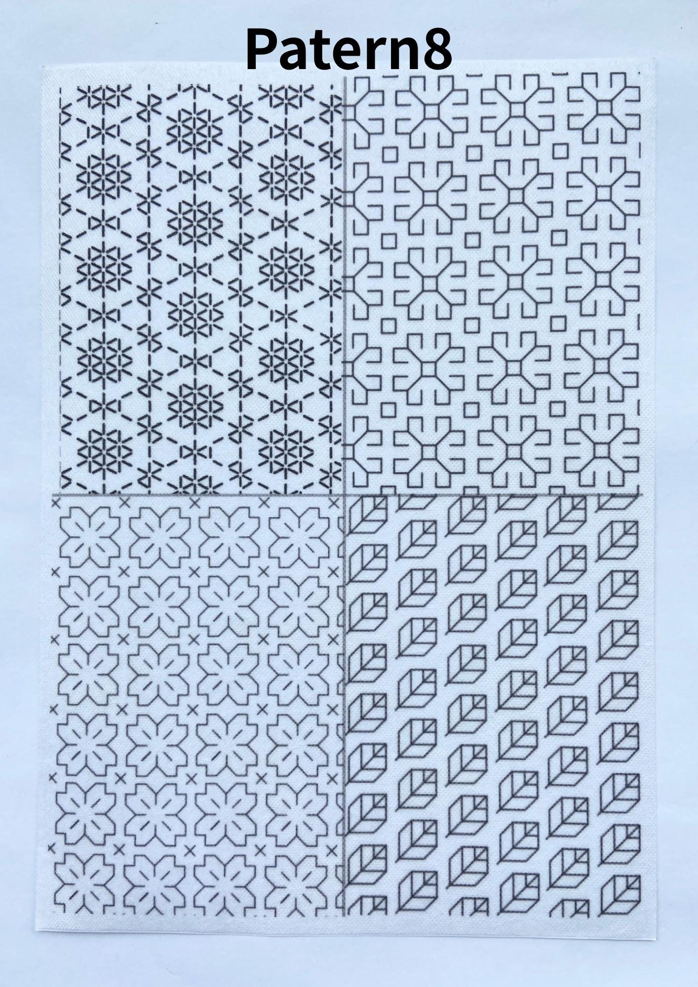 Stick and Stitch Sashiko Pattern Sheets - Hitomezashi Designs for Denim Repair, Visible Mending Embroidery, Wash Away Sashiko Patches A4