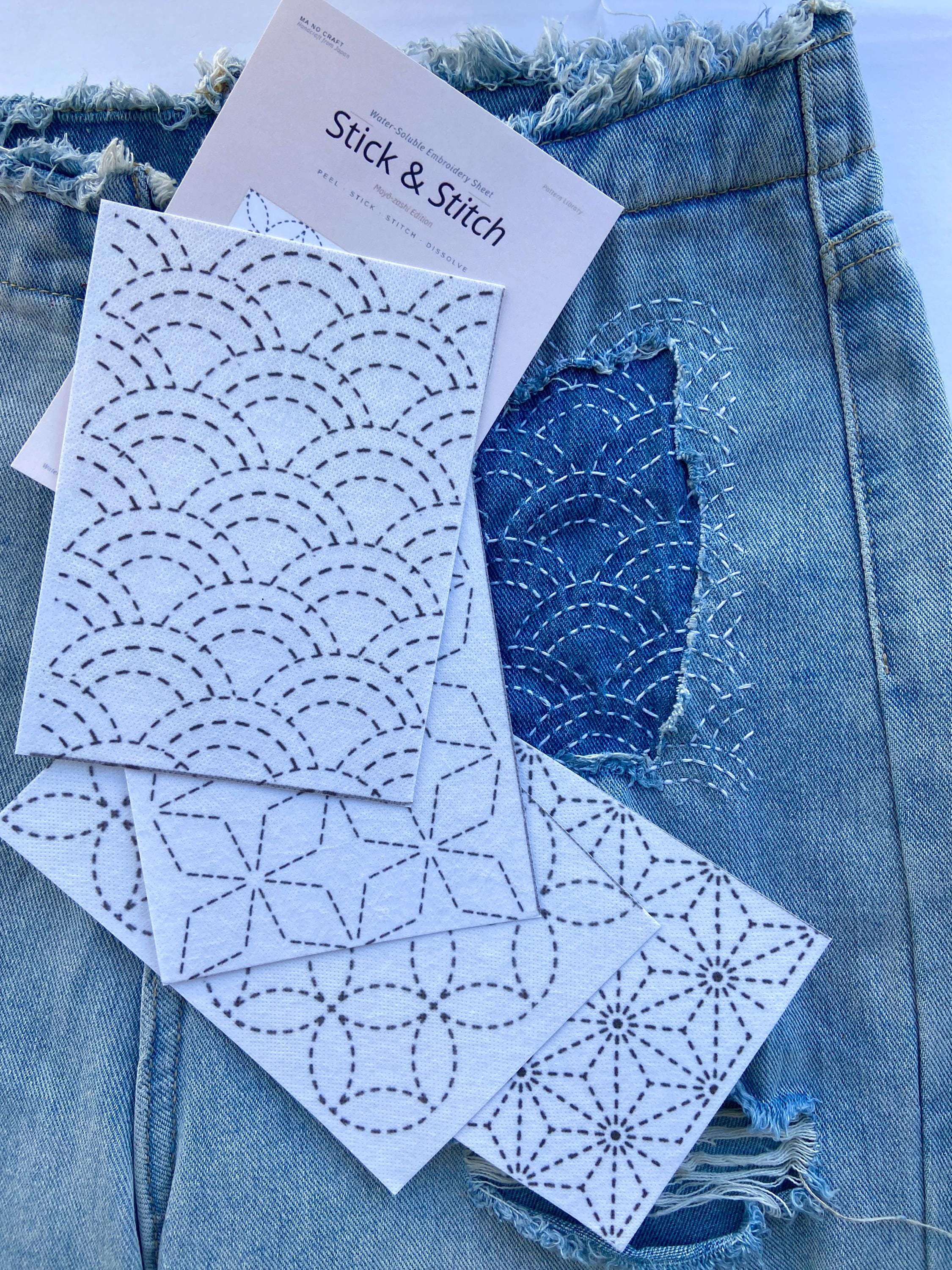 Sashiko Stick and Stitch Sheet | Moyo-zashi Pictorial Pattern | Water Soluble Embroidery Transfer A4 |Seigaiha Asanoha Shippo Made in Japan