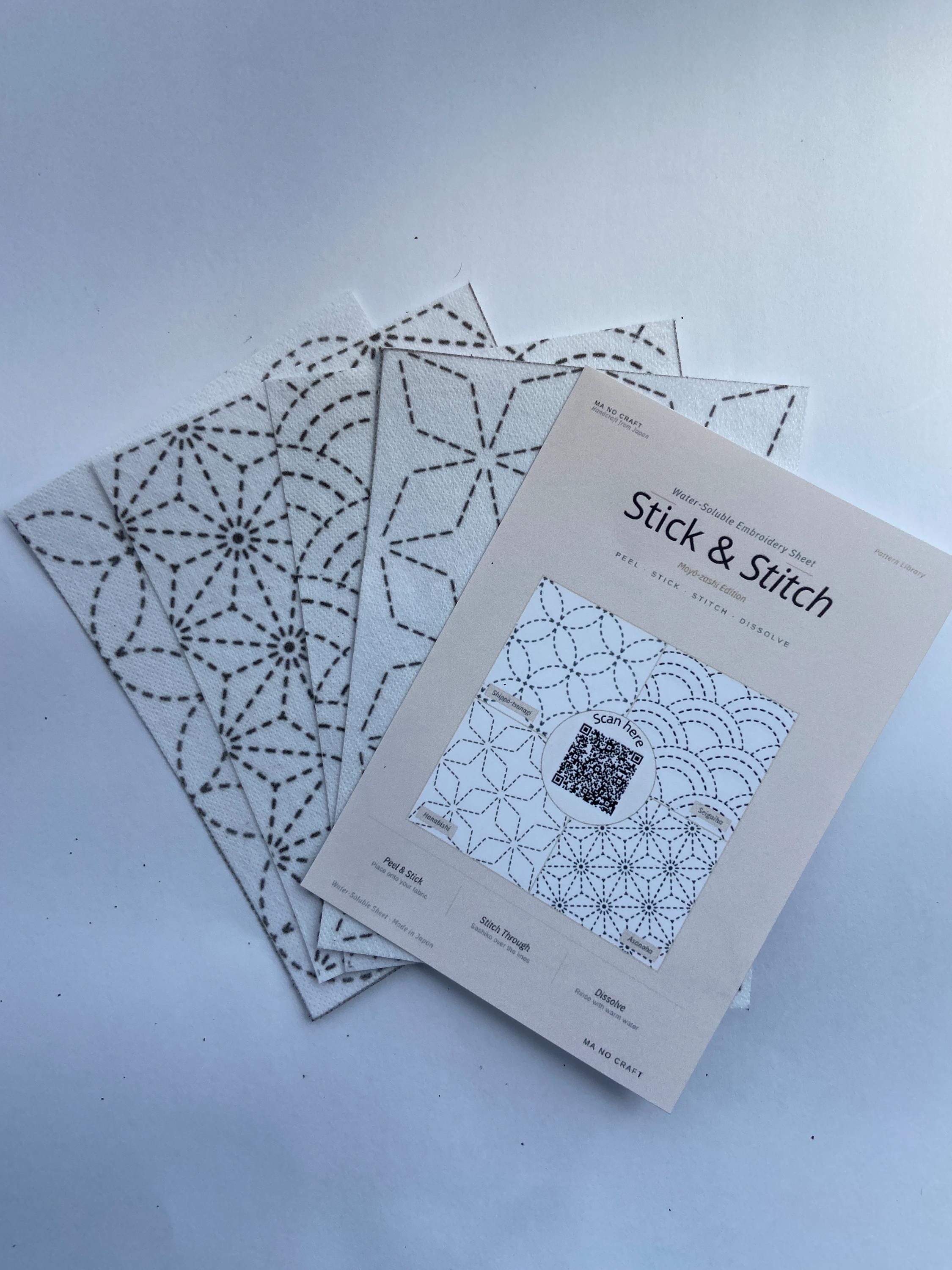 Sashiko Stick and Stitch Sheet | Moyo-zashi Pictorial Pattern | Water Soluble Embroidery Transfer A4 |Seigaiha Asanoha Shippo Made in Japan